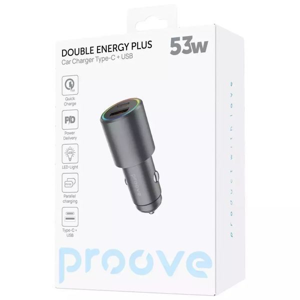 Автомобільний зарядний пристрій Proove Double Energy Plus 53W швидка зарядка Type-C + USB - Metal Grey nc 48859 фото