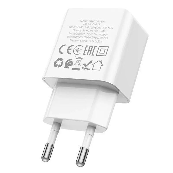 Блок живлення 10.5W Hoco C106A (USB) - Білий hoco c106a usb фото