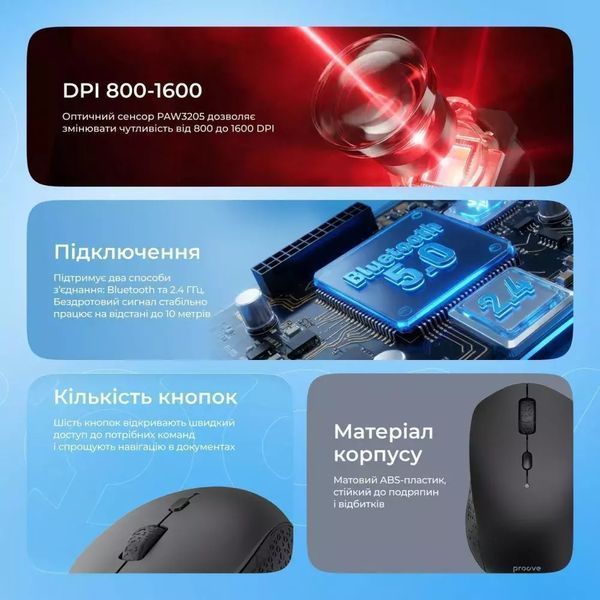 Бездротова миша Proove Sweeper Bluetooth + 2.4GHz безшумна офісна - Чорний nc 63745 фото