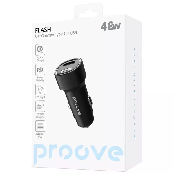 Автомобільний зарядний пристрій Proove Flash 48W швидка зарядка USB + Type-C - Чорний nc 60076 фото