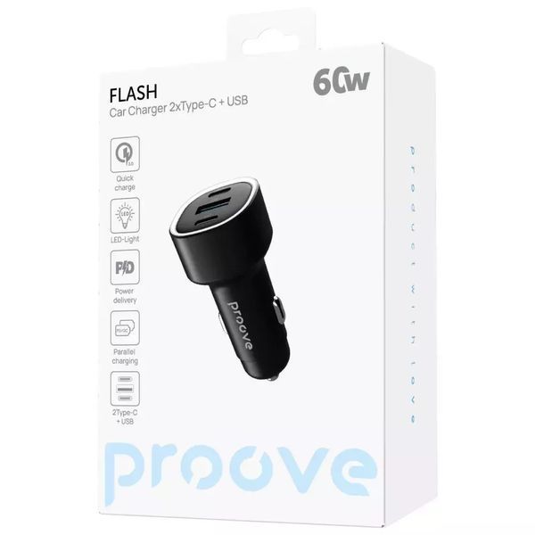 Автомобільний зарядний пристрій Proove Flash 60W швидка зарядка 2xType-C + USB - Чорний nc 60077 фото